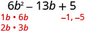 Factoring the quadratic expression 6b^2 - 13b + 5, showing possible factors for 6b^2 (1b * 6b, 2b * 3b) and the constant term +5 (-1, -5).